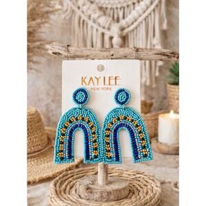 Kay Lee Blue Beaded Horseshoe Earrings New